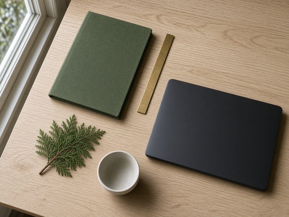 A quiet desk with a closed green notebook, a brass ruler, and a shut laptop