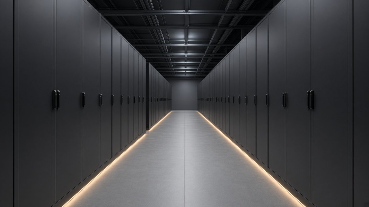 An orderly aisle of dark equipment cabinets