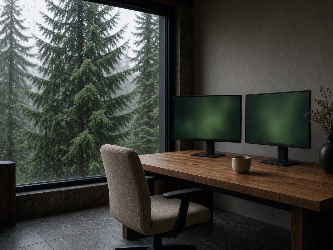 A software studio looking out on evergreen trees, with two monitors and an empty chair