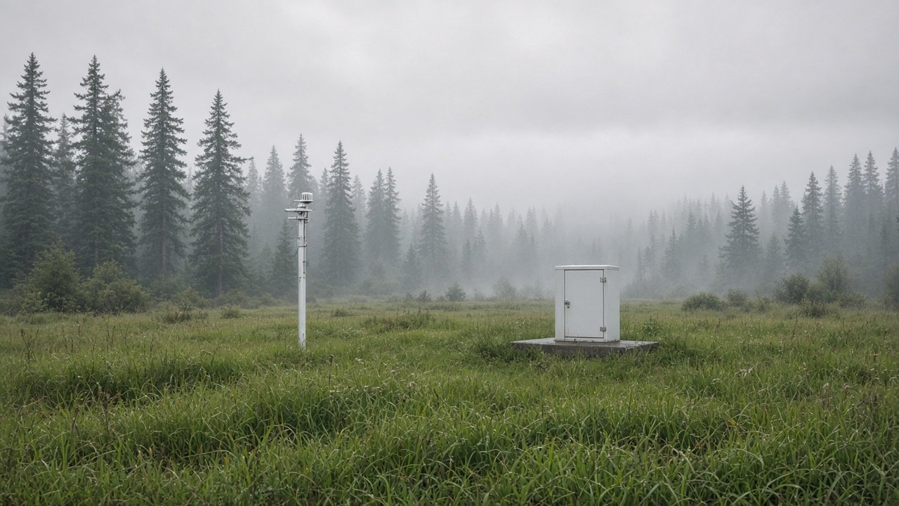 A small instrument mast and equipment cabinet in a misty meadow of firs