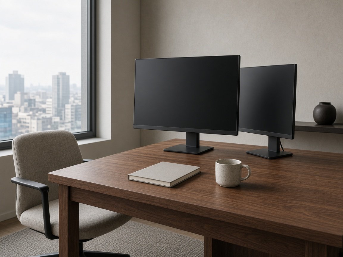 An office desk with two monitors, a chair, and a closed notebook