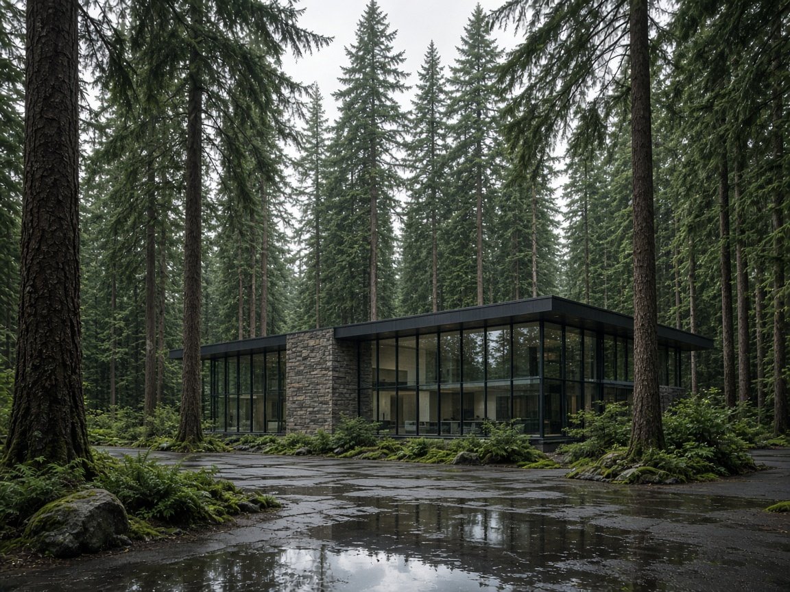 A building among tall evergreen trees in the Pacific Northwest