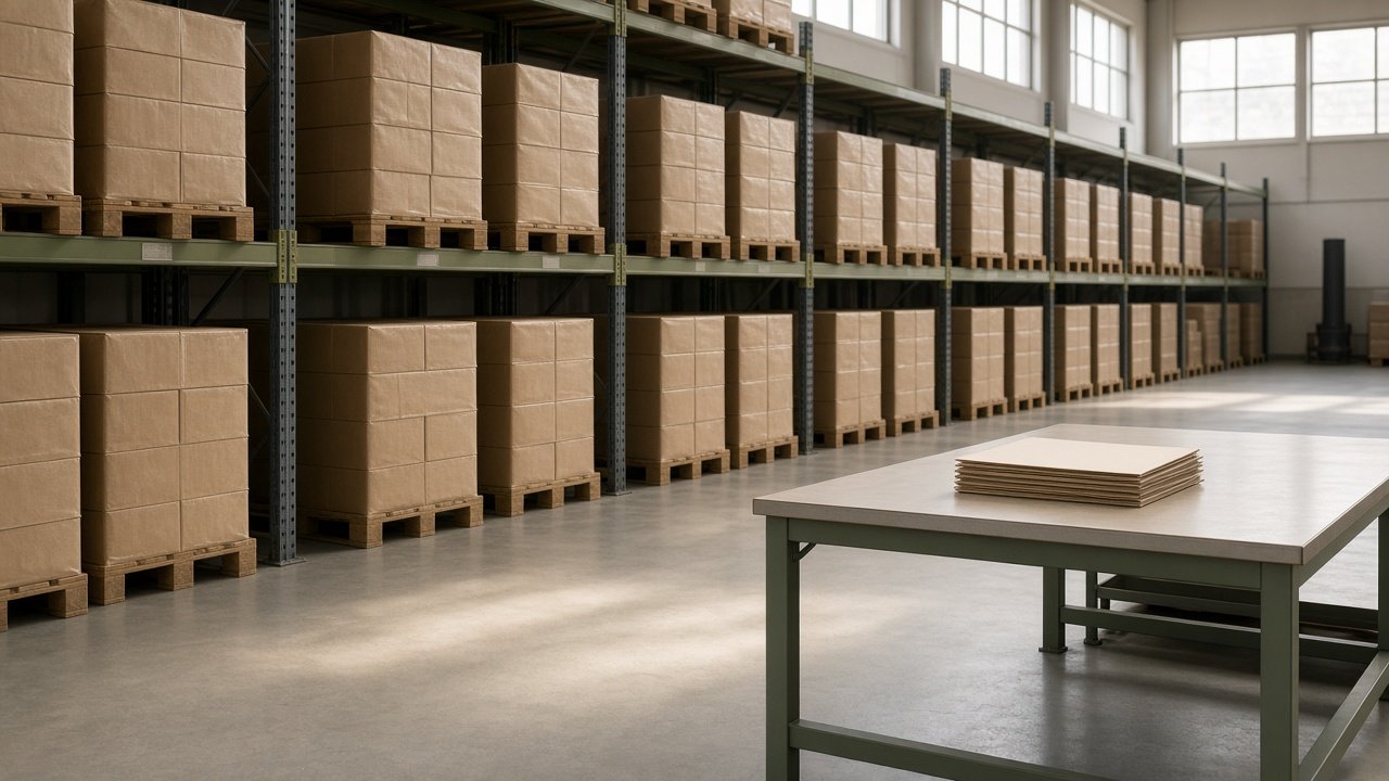 An orderly warehouse aisle of plain cartons and an inspection table